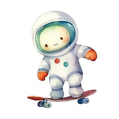 watercolors Cute astronaut playing skateboard illustration 