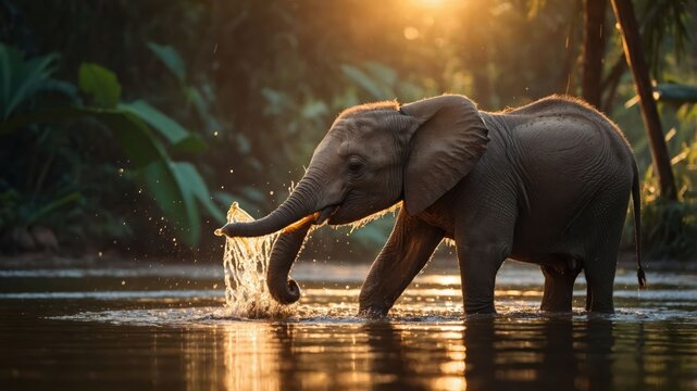 A young elephant splashes water while bathing in a serene river at sunset.