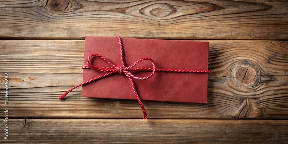 Aufkleber a maroon present box tied with a red and white twine bow rests on a rustic wooden surface