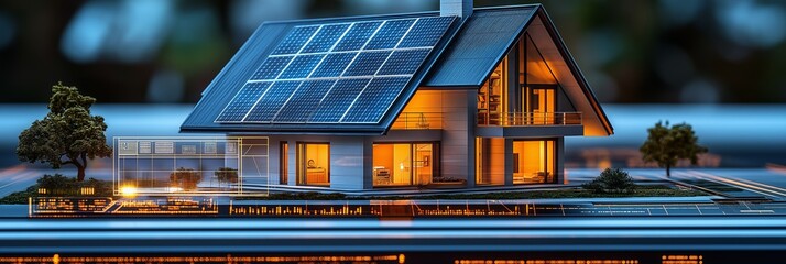 Futuristic Smart Home with Solar Panels and Digital Technology, Night View with Copy Space