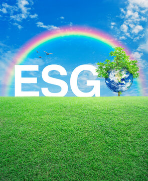 ESG white acronym with earth and tree on green grass field over rainbow and sky, Environmental Social Corporate Governance concept, Save the earth concept, Elements of this image furnished by NASA