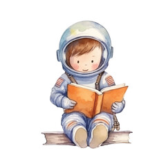 watercolors Cute astronaut reading book illustration  © yuniazizah