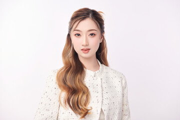 Fototapeta premium Beautiful young asian woman with clean fresh skin on white background, Face care, Facial treatment, Cosmetology, beauty and spa, Asian women portrait.