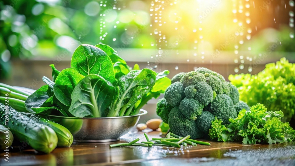 Poster fresh green vegetables gleaming after a refreshing rinse on a rustic wooden table