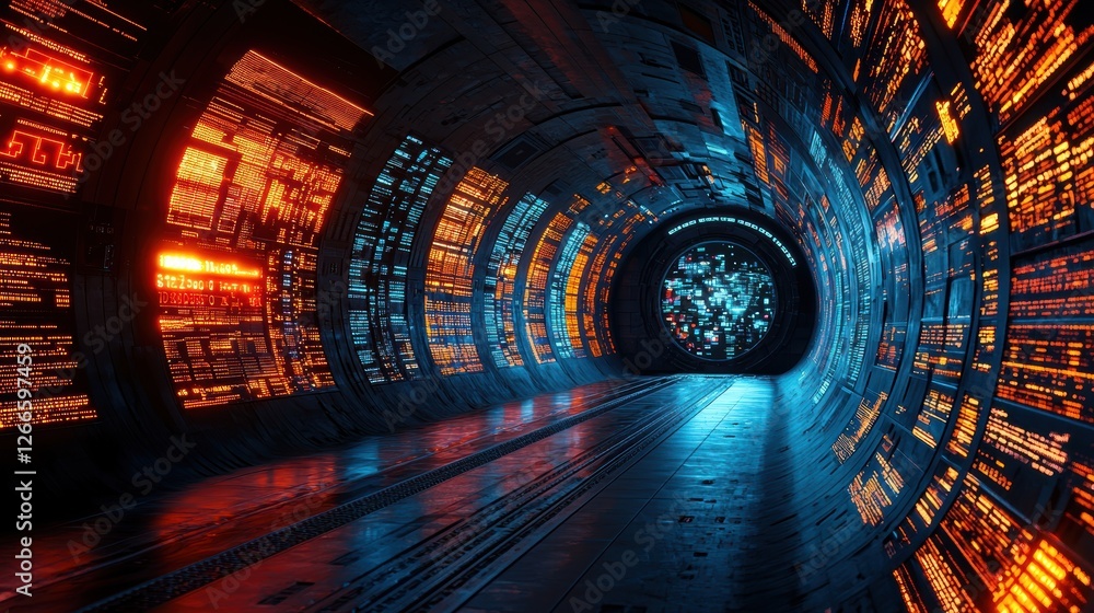 Poster a futuristic tunnel with glowing panels and a circular portal at the end.
