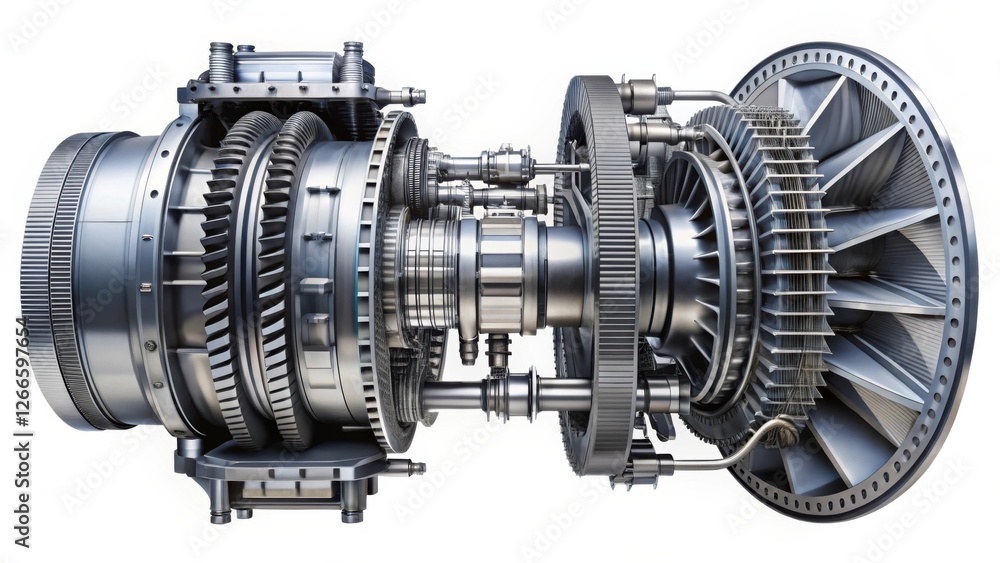 Poster detailed engineering view of a powerful turbofan engine, showcasing its intricate internal mechanism