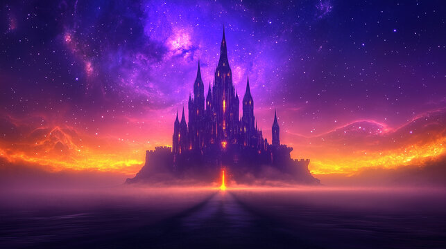 World of warcraft style majestic castle with a cosmic sky