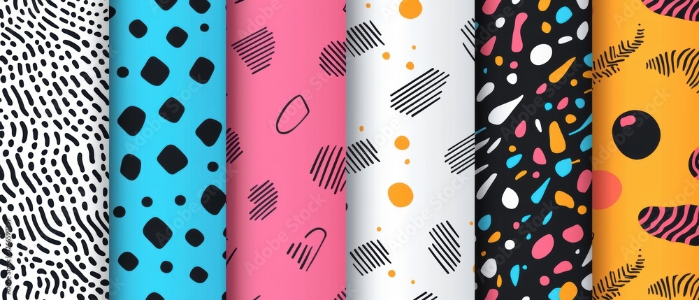 Poster a set of colorful, abstract patterns with black and white accents. generative ai