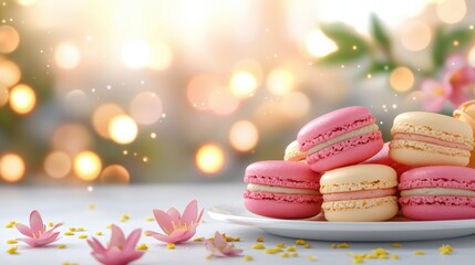 Obraz premium A beautiful plate of colorful macarons surrounded by delicate flowers, set against a dreamy, blurred background of soft lights.