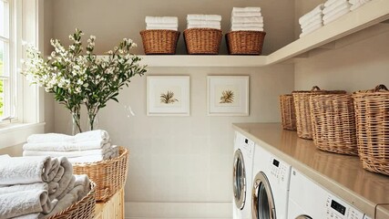 Bright and organized laundry room with baskets and fresh towels