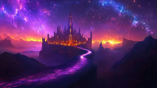 World of warcraft style majestic castle with a cosmic sky