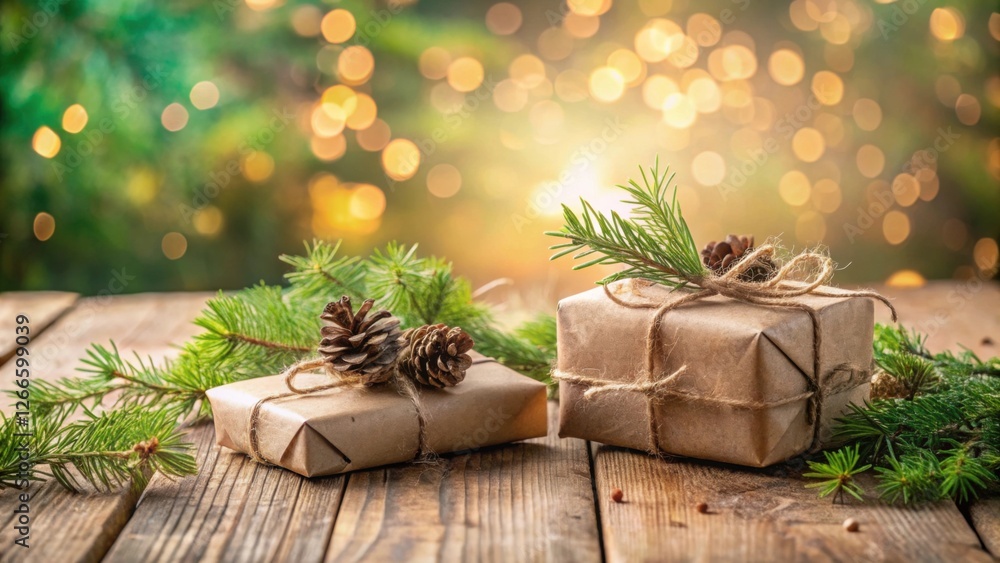Aufkleber Rustic Wrapped Gifts Adorned with Pine Cones and Evergreen Branches on a Wooden Surface Against a Festive Bokeh Background