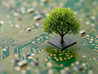 Green tree on circuit board; sustainability concept; technology and nature