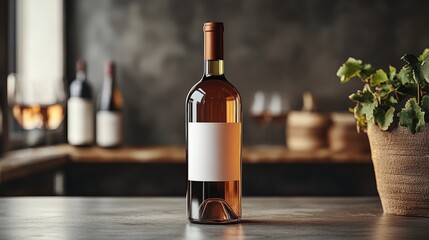 A stylish wine bottle with a blank label sits on a rustic table, surrounded by a cozy setting that hints at a warm gathering.