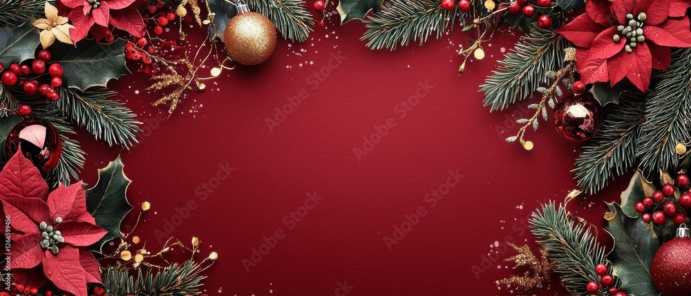 Poster a red background with a christmas tree and red berries. generative ai