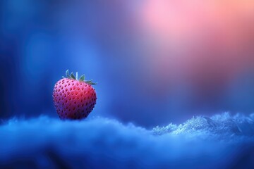 A single, vibrant strawberry rests on a bed of blue, frost-covered ground, bathed in soft, ethereal light.