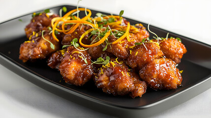 Fototapeta premium Contemporary Plating of Orange Chicken with Garnish on Elegant Black Serving Dish
