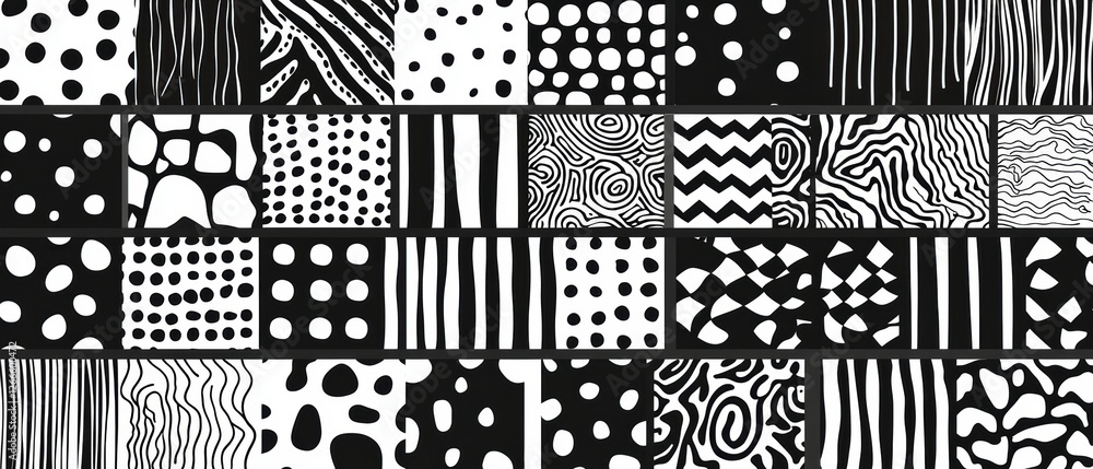 Poster a collection of black and white patterns with dots and stripes. generative ai