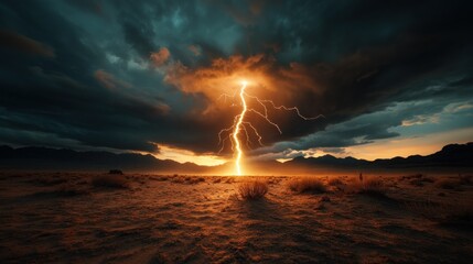 Dramatic lightning strike over desert at sunset. Possible use nature, landscape, environmental, awe-inspiring, backdrop