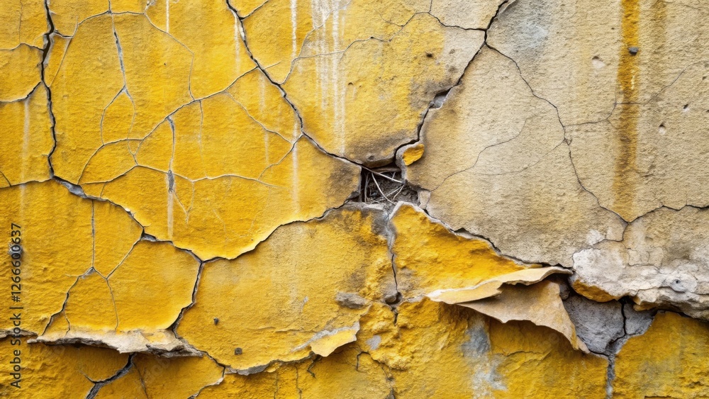 Poster Abstract Texture of a Distressed Yellow and Gray Wall with Extensive Cracking and Flaking Paint
