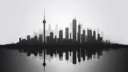 Fototapeta premium Black and white city skyline silhouette with reflection in minimalist style monochrome image