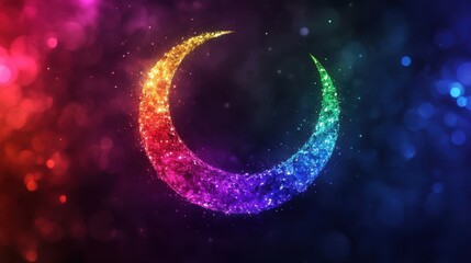 Rainbow Crescent Moon Glowing In Dark Space