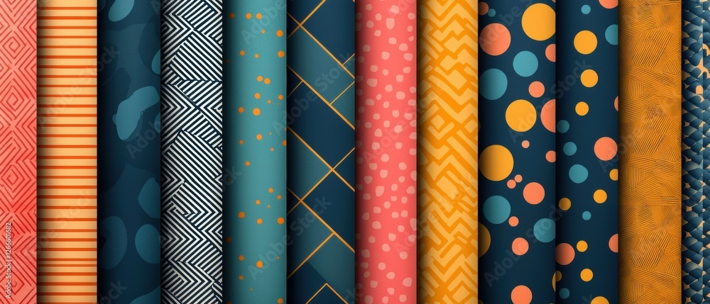 Poster a row of colorful fabric with a variety of patterns and designs. generative ai