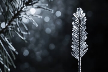 A delicate ice crystal, resembling a feather, stands out against a blurred, frosty pine branch and bokeh background.