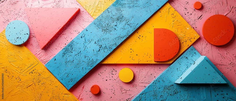 Poster a colorful abstract design with squares, triangles, and circles. generative ai