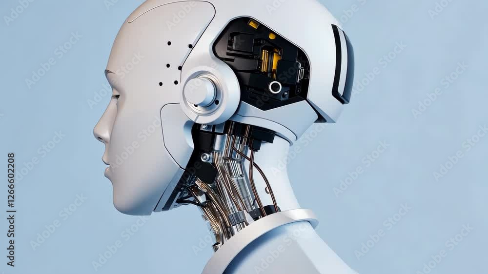 Poster futuristic humanoid robot with exposed mechanical components on blue background showcasing advanced 