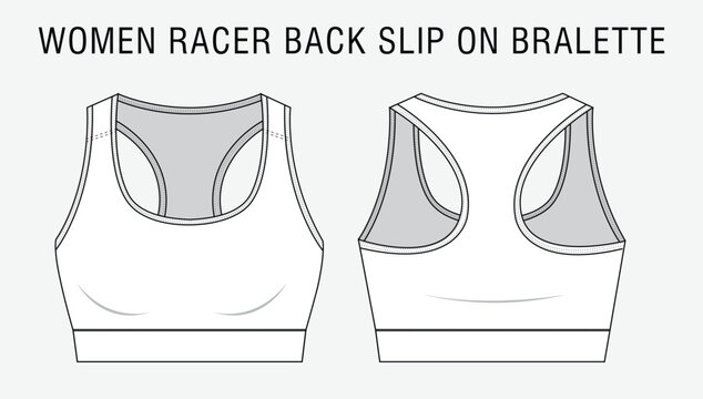 women racer back slip on bralette flat sketch, sports bra technical drawing, bra, flat sketch, fashion technology, tech pack, vector, editable stroke