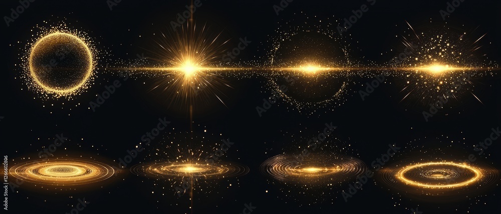 Poster a series of golden circles and rays of light. generative ai