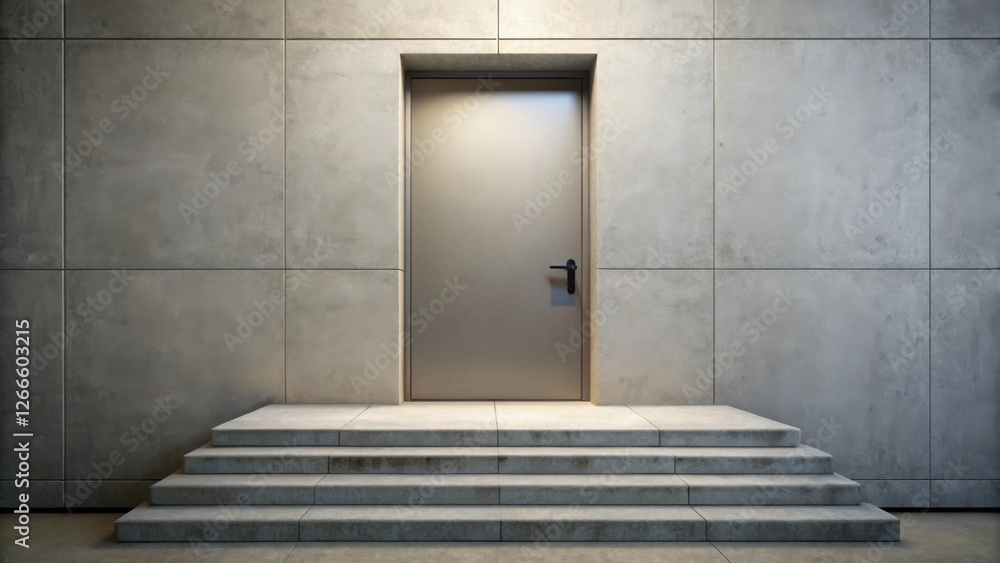 Aufkleber a single, closed metal door set within a recessed frame on a concrete wall, accessed via a short fli