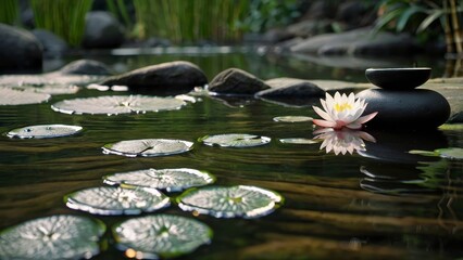 Zen garden scene featuring a gently flowing stream surrounded by smooth, dark river stones. A soft-glowing candle floats on a small wooden platform, reflecting its warm light on the waters surface