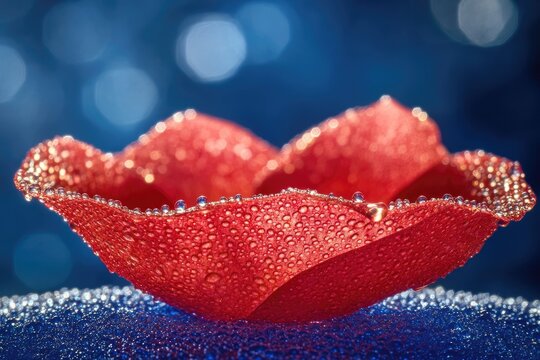 Close-up of a dew-covered red flower petal, vibrant colors and bokeh background.