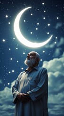 Naklejka premium A hyper-realistic scene of an elderly Muslim man standing under a vast night sky, gazing up with a mix of hope and patience. Crescent moon, stars shine brightly above him, symbolizing divine timing