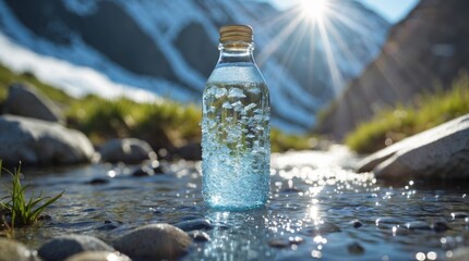 Obraz premium Crystal clear water in a stylish glass bottle, standing on a stone by a mountain stream. The sun's rays refract in the drops, creating a glow of freshness. The atmosphere is natural purity, coolness