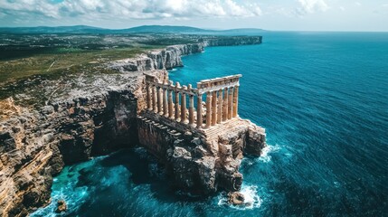 Ancient cliffside temple ruins overlooking turquoise Mediterranean sea, ideal for travel content