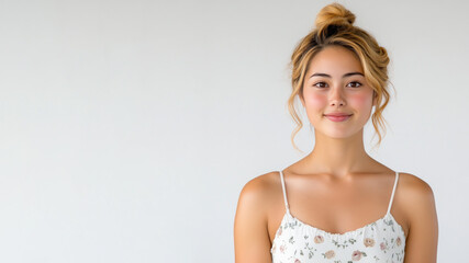 Yellow hair woman wearing a white dress with a rose pattern smiling isolated
