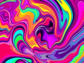 Obraz premium Ein retro-psychedelisches abstraktes Design mit wirbelnden Mustern, Neonverläufen, kräftigen Farben, welligen Formen, verzerrten Strukturen und Vintage-Ästhetik
