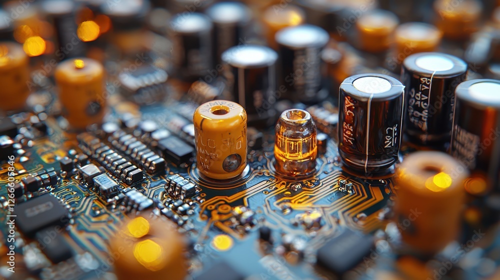 Poster close-up of a circuit board with capacitors and electronic components.