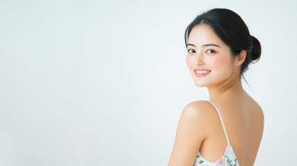 Japanese woman wearing a white dress with a rose pattern smiling isolated