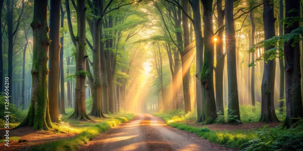 Poster Golden sunlight streams through a canopy of trees, illuminating a pathway winding through a misty forest.