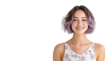 Purple hair woman wearing a white dress with a rose pattern smiling isolated