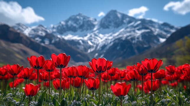 Vibrant red tulips blooming in a field with a majestic snow-capped mountain range in the background under a bright blue sky.