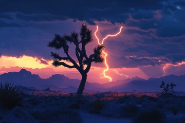 Dramatic sunset over a desert landscape with a lone Joshua tree and a lightning strike.