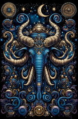 A blue elephant with horns and a gold moon on its head. The elephant is surrounded by a lot of other things, including a lot of stars and a lot of other animals. Scene is very mystical and dreamy