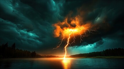 Obraz premium Powerful lightning strike over lake during dramatic storm