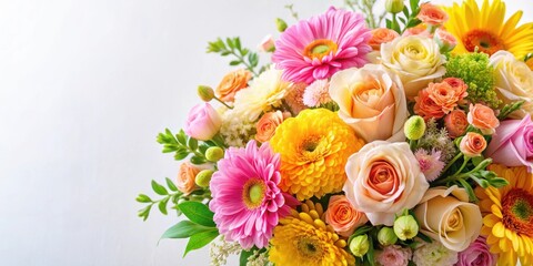 Obraz premium Colorful mixed floral arrangement against soft white background with pastel shades of pink yellow orange and green, colorful flowers, nature scene