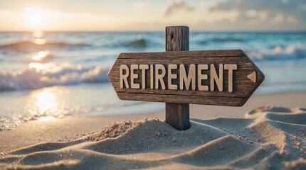 Retirement Sign on Serene Beach at Sunset, Conceptual Image for Relaxation and Leisure